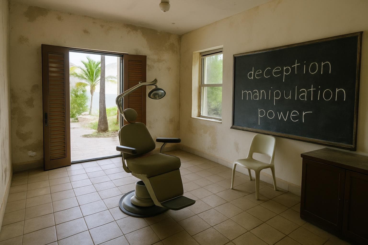 Interior of Jeffrey Epstein's island with dentist chair and chalkboard