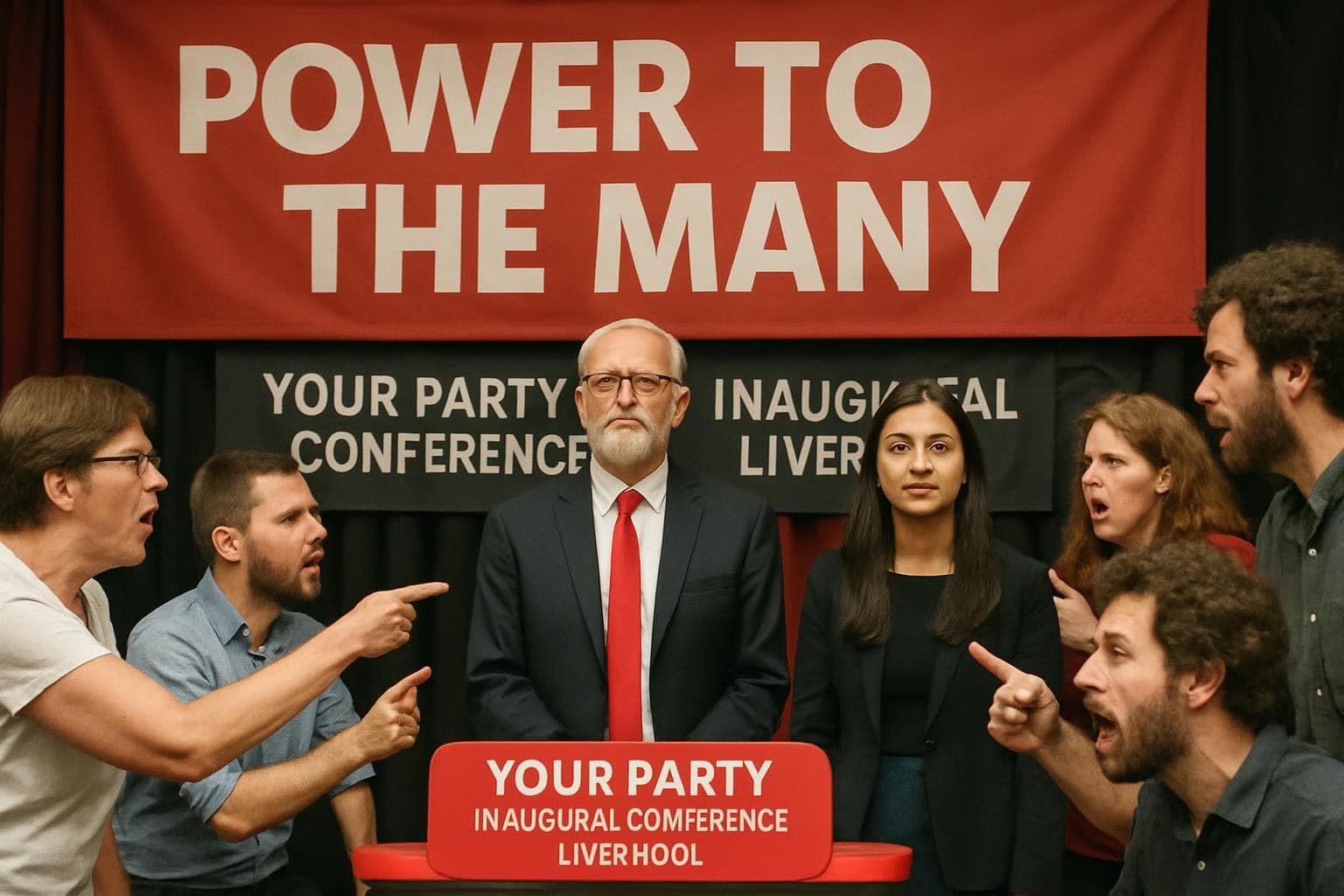 Jeremy Corbyn and Zarah Sultana on stage at conference