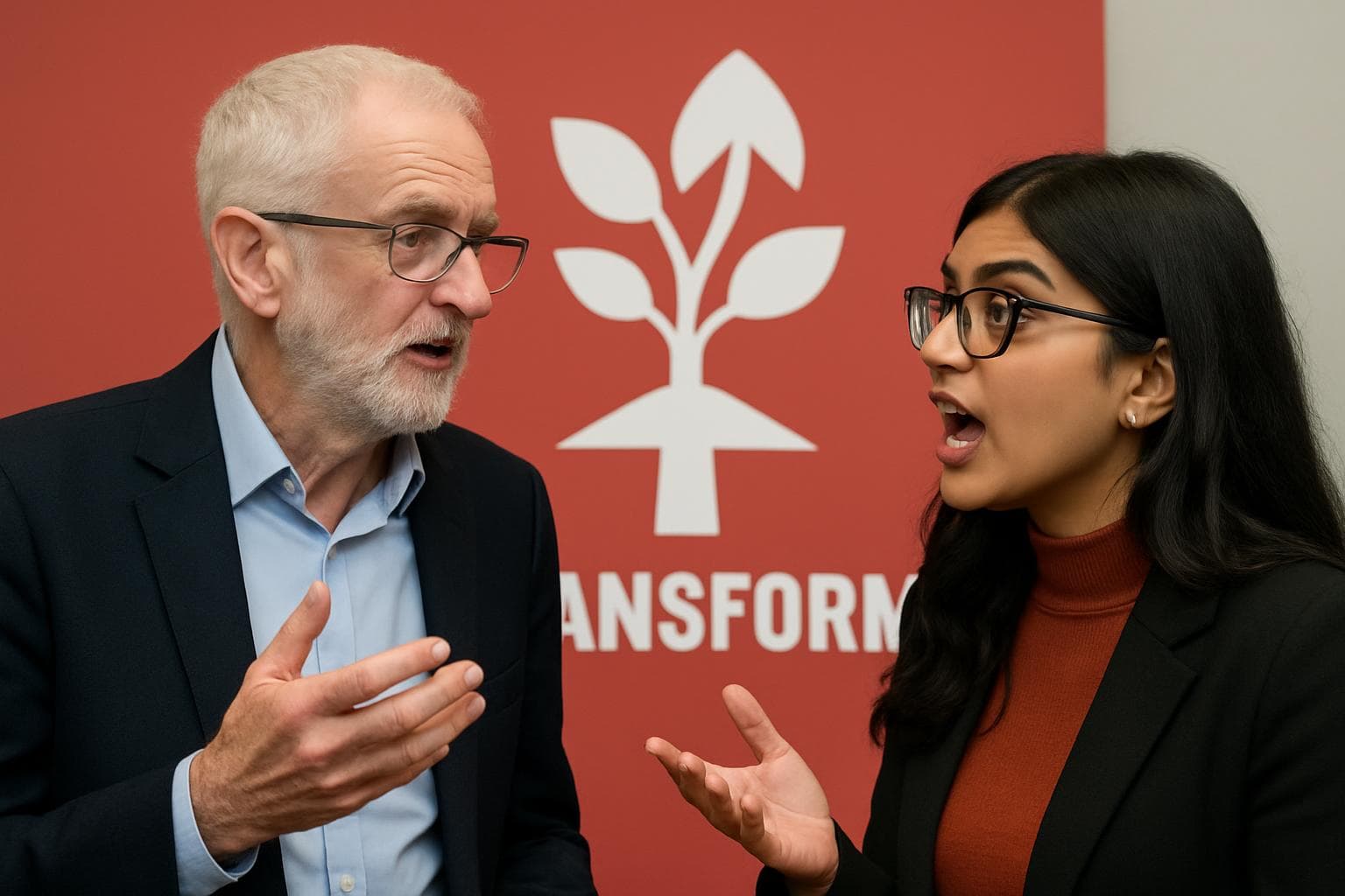 Jeremy Corbyn and Zarah Sultana in discussion with party logo