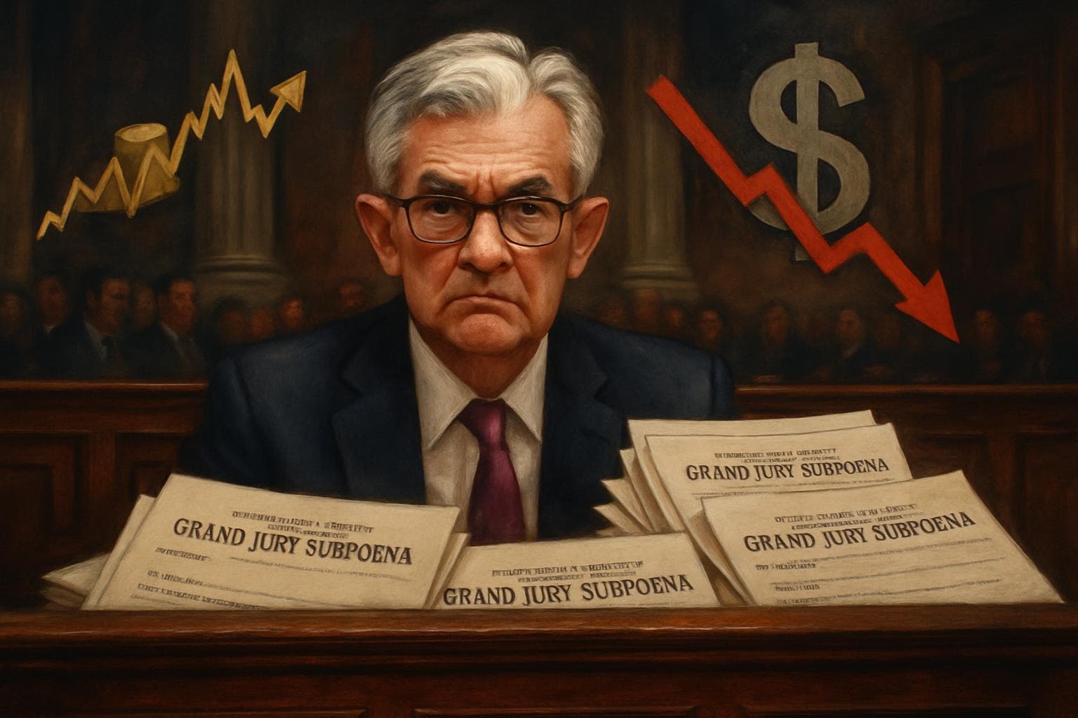 Jerome Powell in courtroom with subpoenas and financial symbols