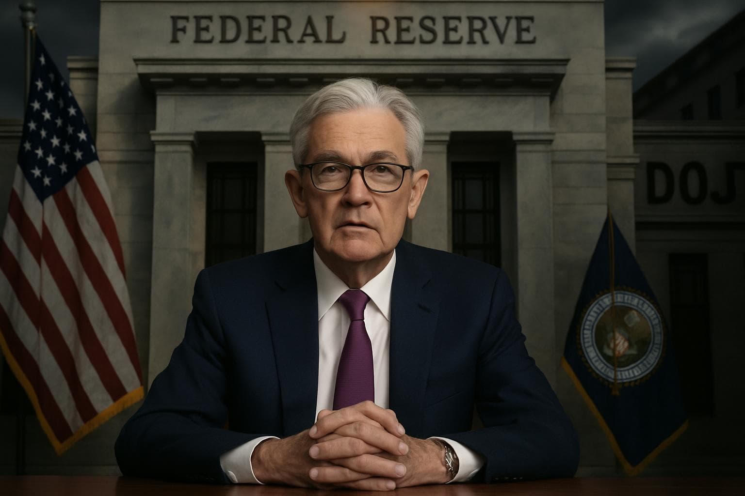 Jerome Powell delivering a video message from the Federal Reserve