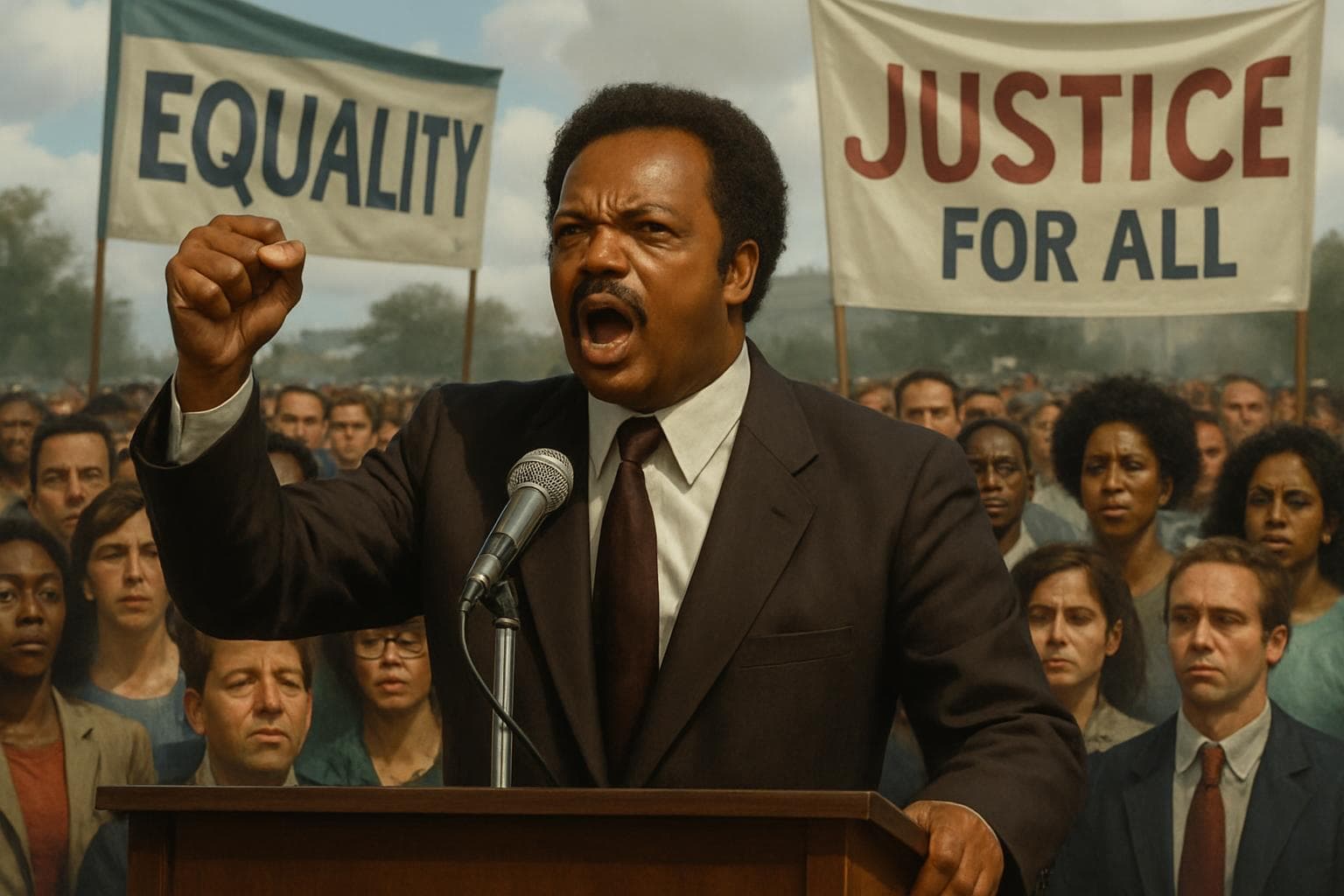 Jesse Jackson speaking at a podium with a diverse crowd