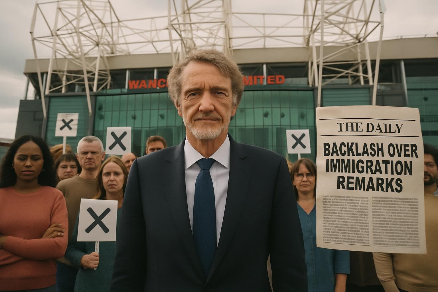 Sir Jim Ratcliffe in front of Manchester United stadium with crowd