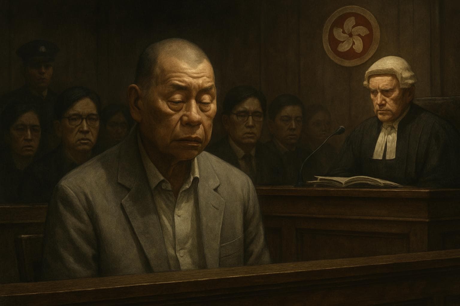 Elderly Jimmy Lai in Hong Kong courtroom during sentencing