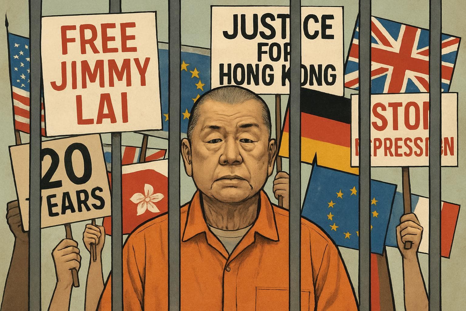 Elderly man behind bars with protest signs and flags