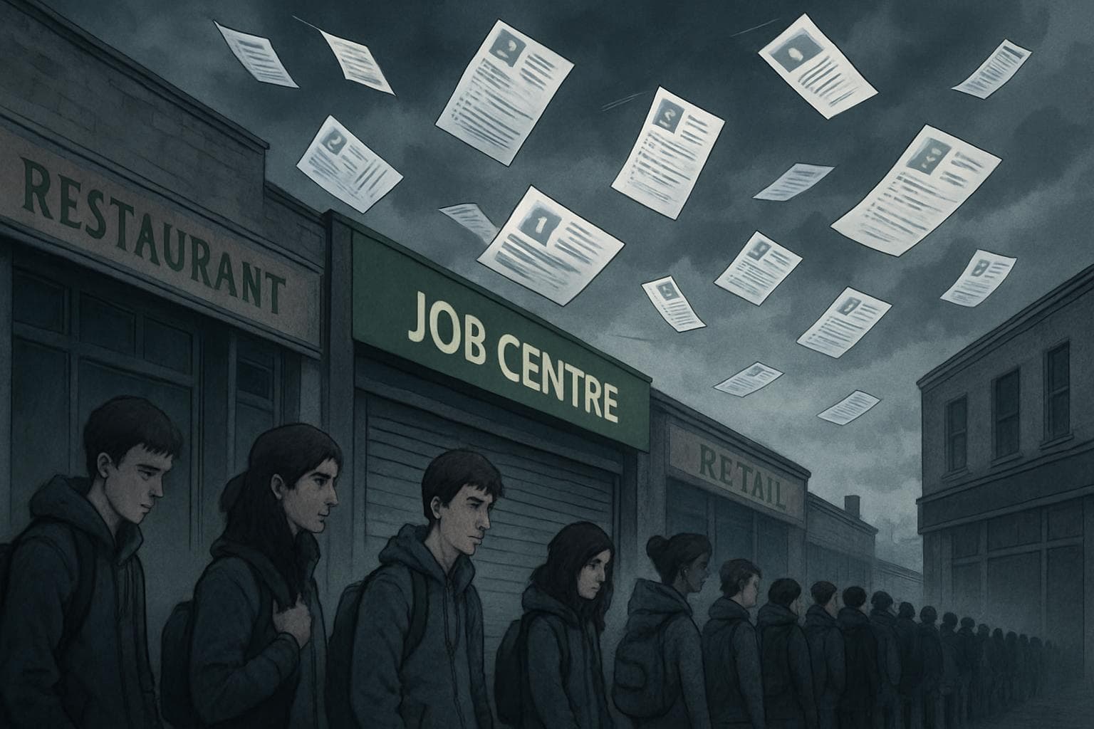 Young jobseekers in line outside a closed job center.