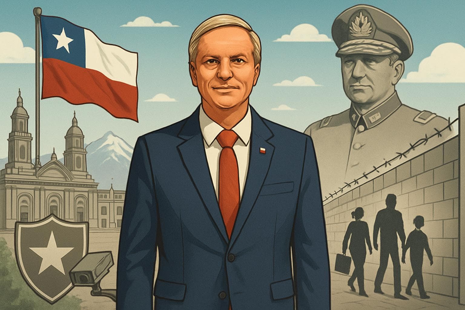José Antonio Kast standing with Chilean landmarks and border wall outline