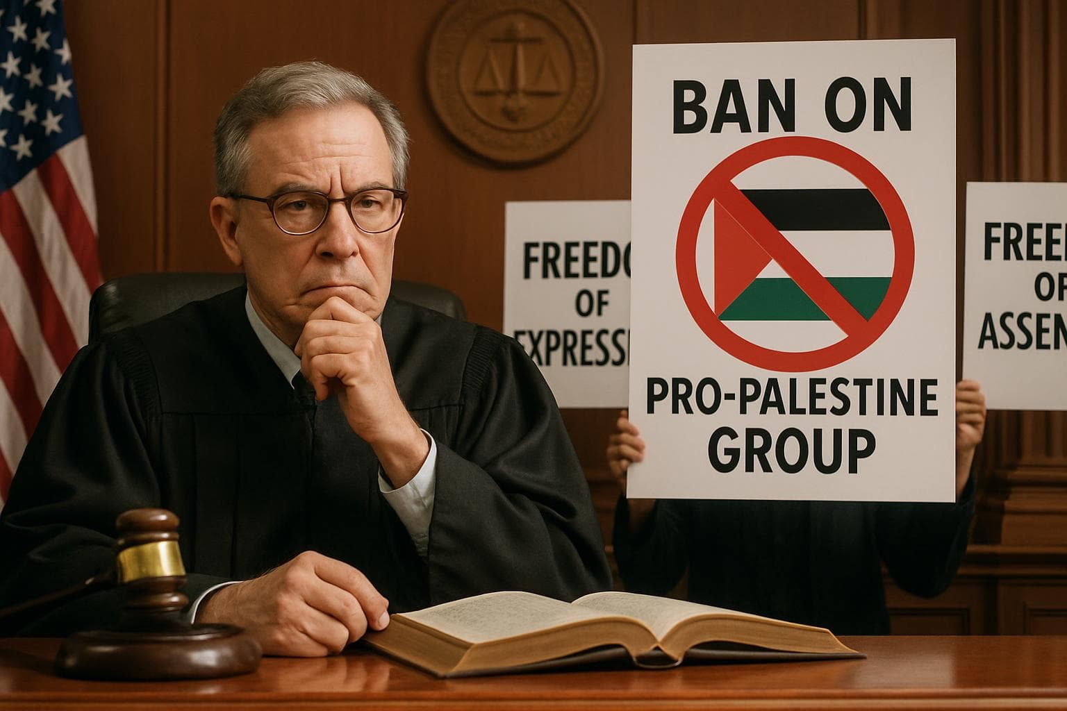 Judge in courtroom deliberating protest ban legality