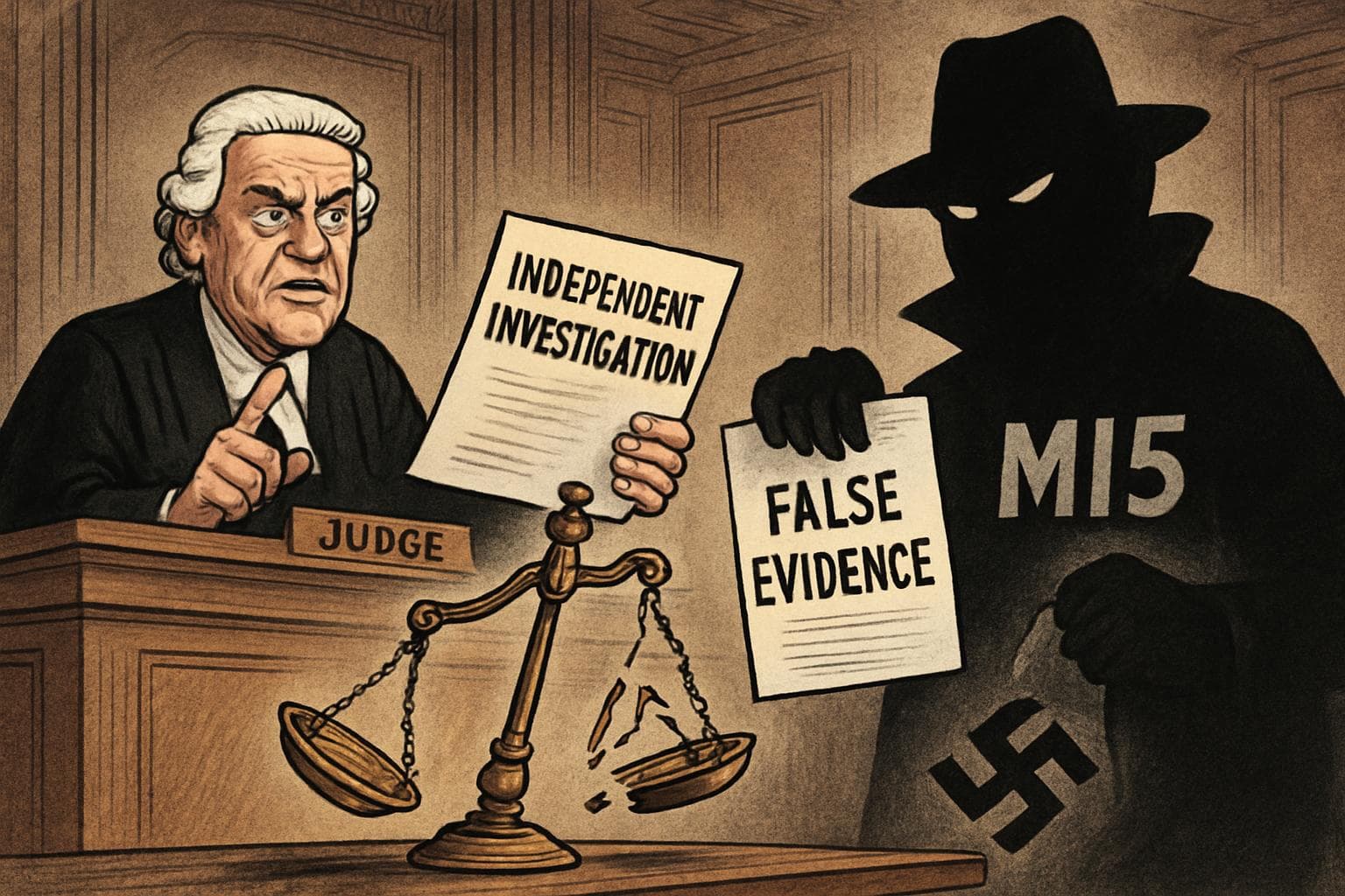 Shadowy figure holding document labeled 'False Evidence' in courtroom