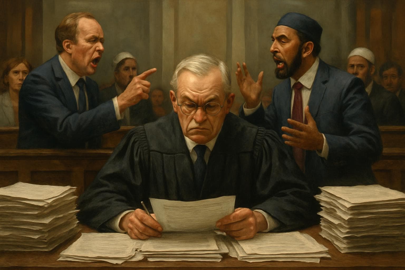 Judge at desk with paperwork, politicians debating behind