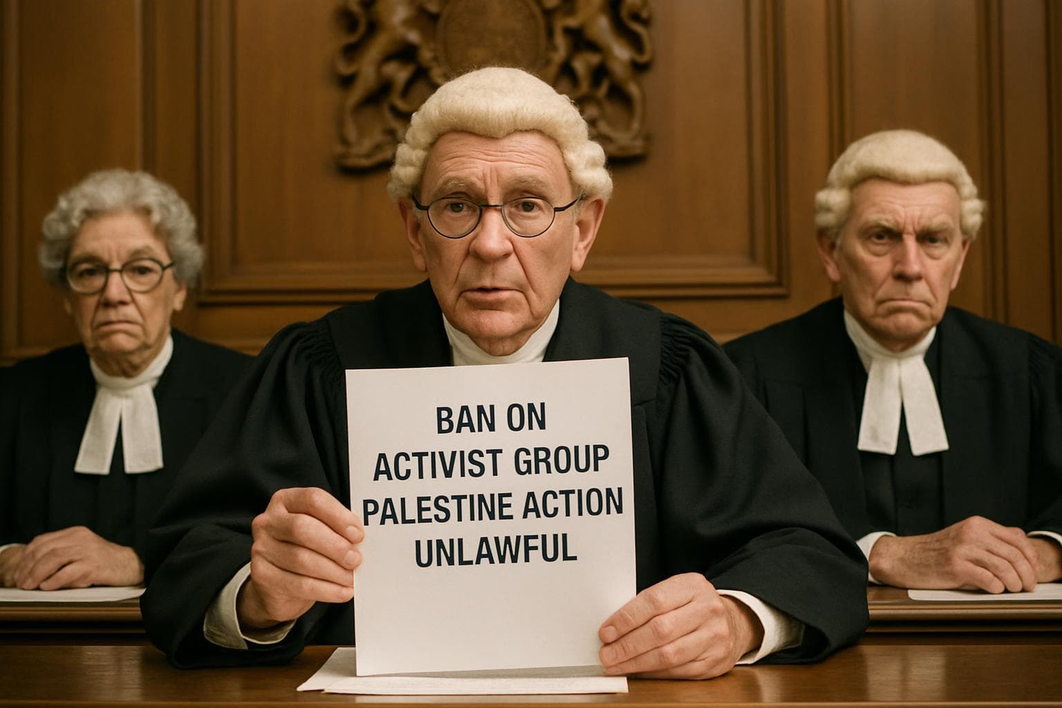 Three senior judges in courtroom declaring ban unlawful