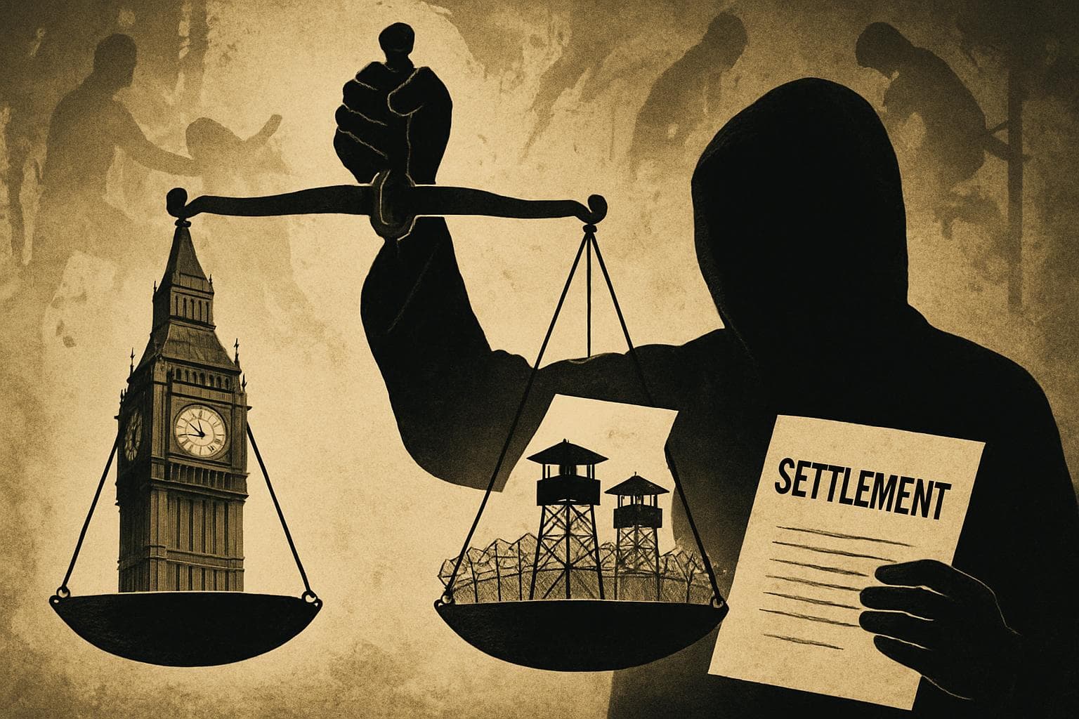 Justice scales balancing Big Ben and Guantanamo with a shadowy figure