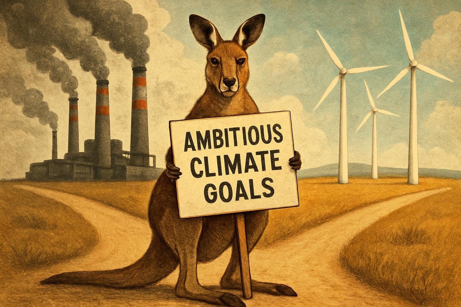 Kangaroo holding a sign about climate goals at a crossroads