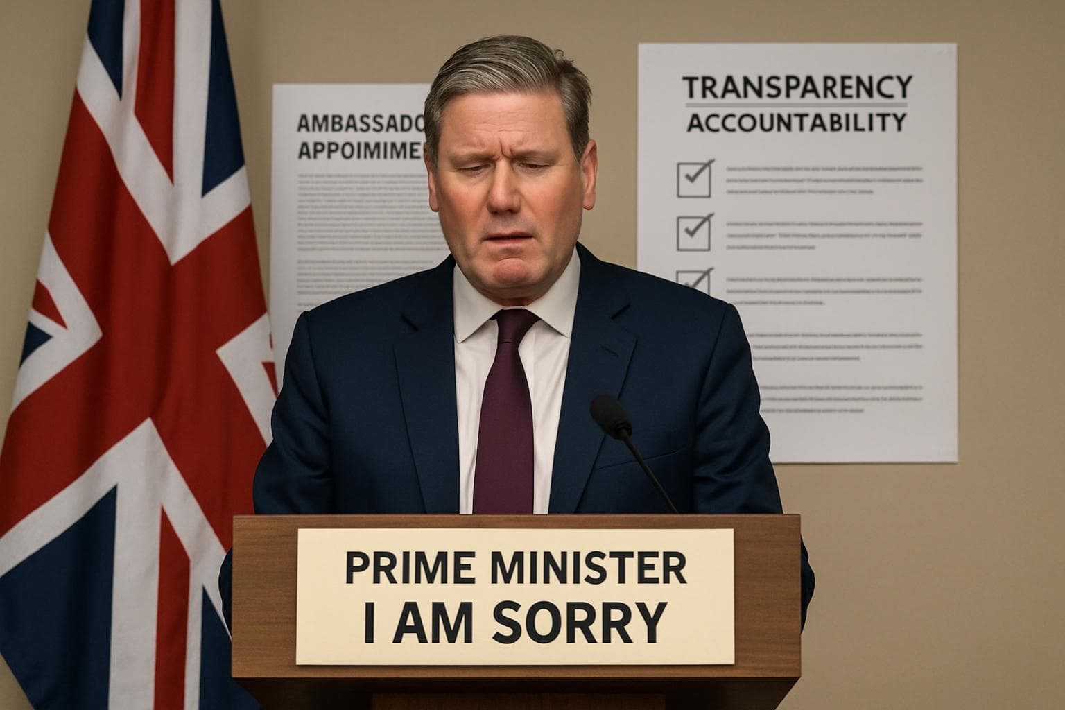 UK Prime Minister Keir Starmer at podium apologizing