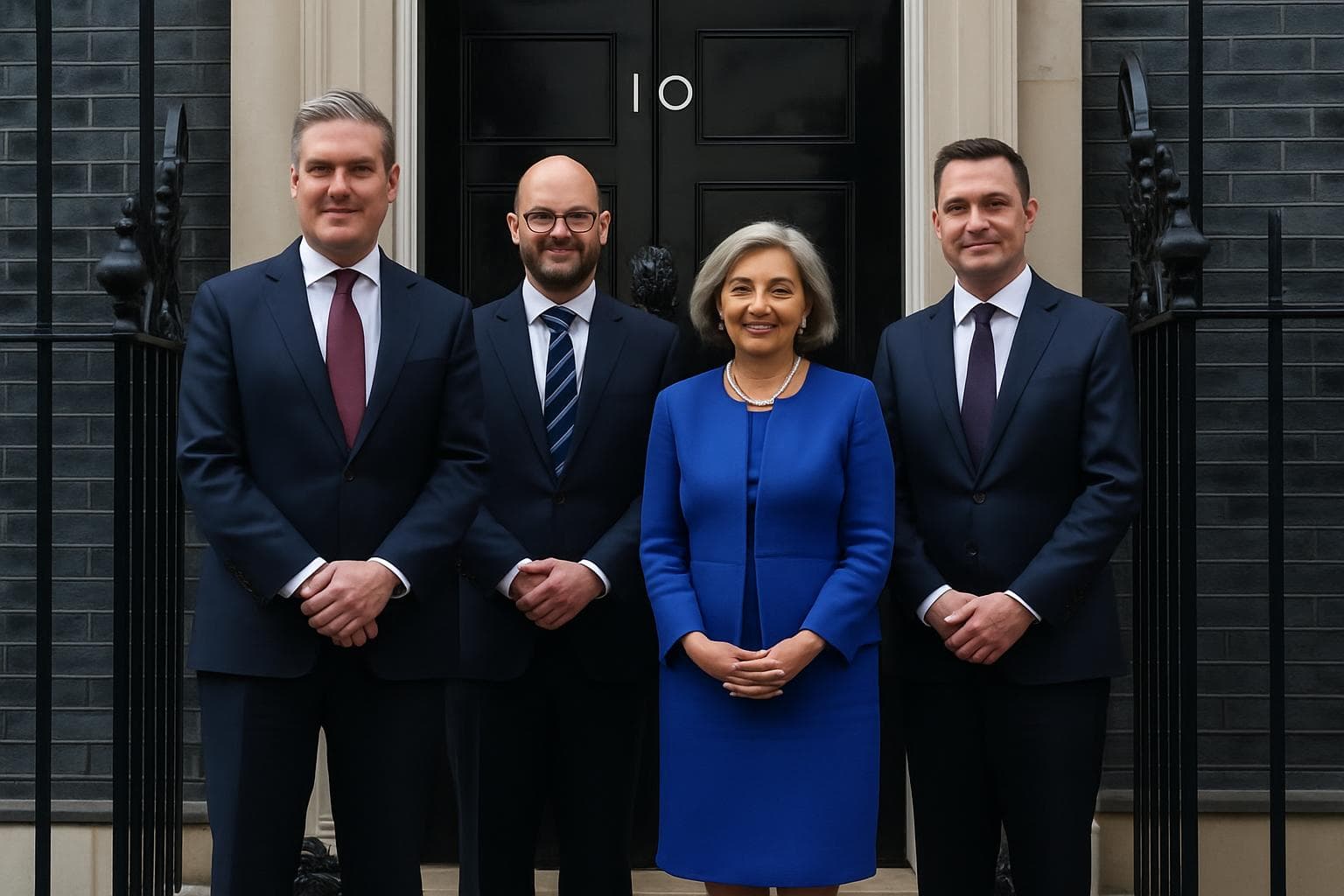 Keir Starmer with Darren Jones and Minouche Shafik at Downing Street