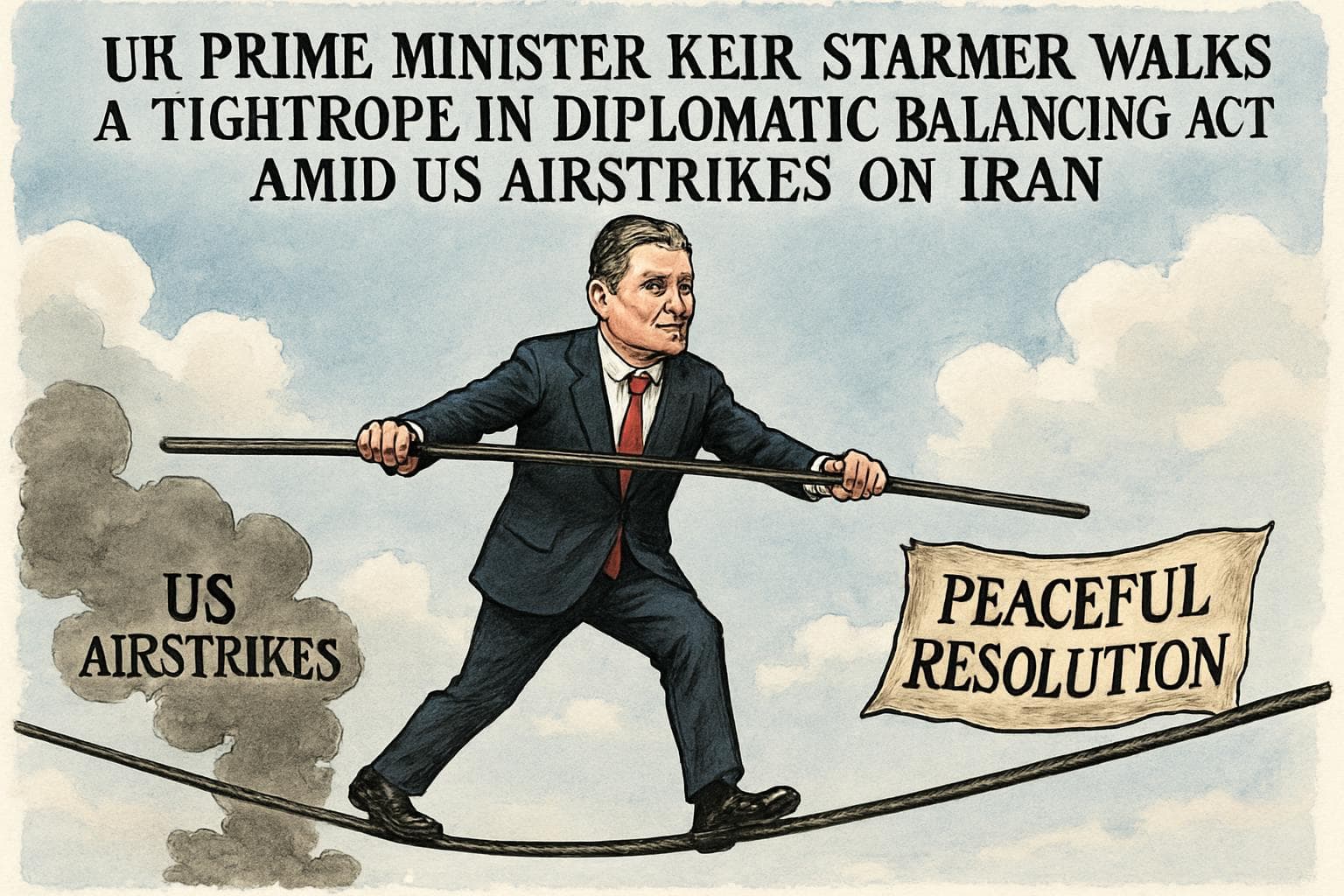 UK Prime Minister Keir Starmer on a tightrope symbolizing diplomacy