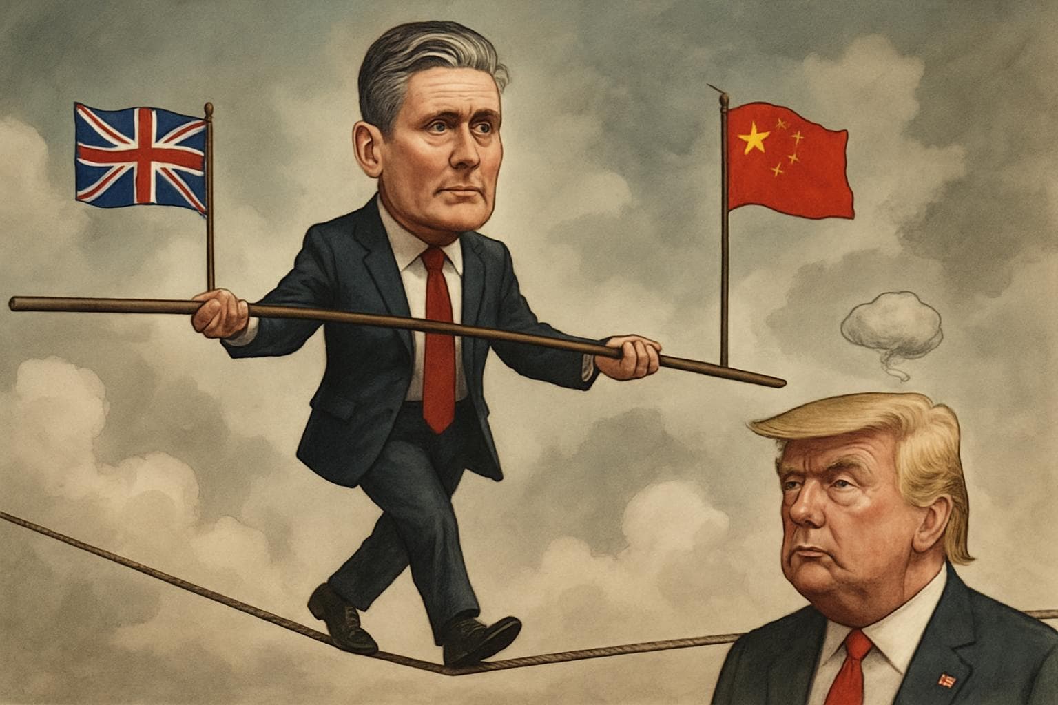 UK Prime Minister Keir Starmer balancing on a tightrope