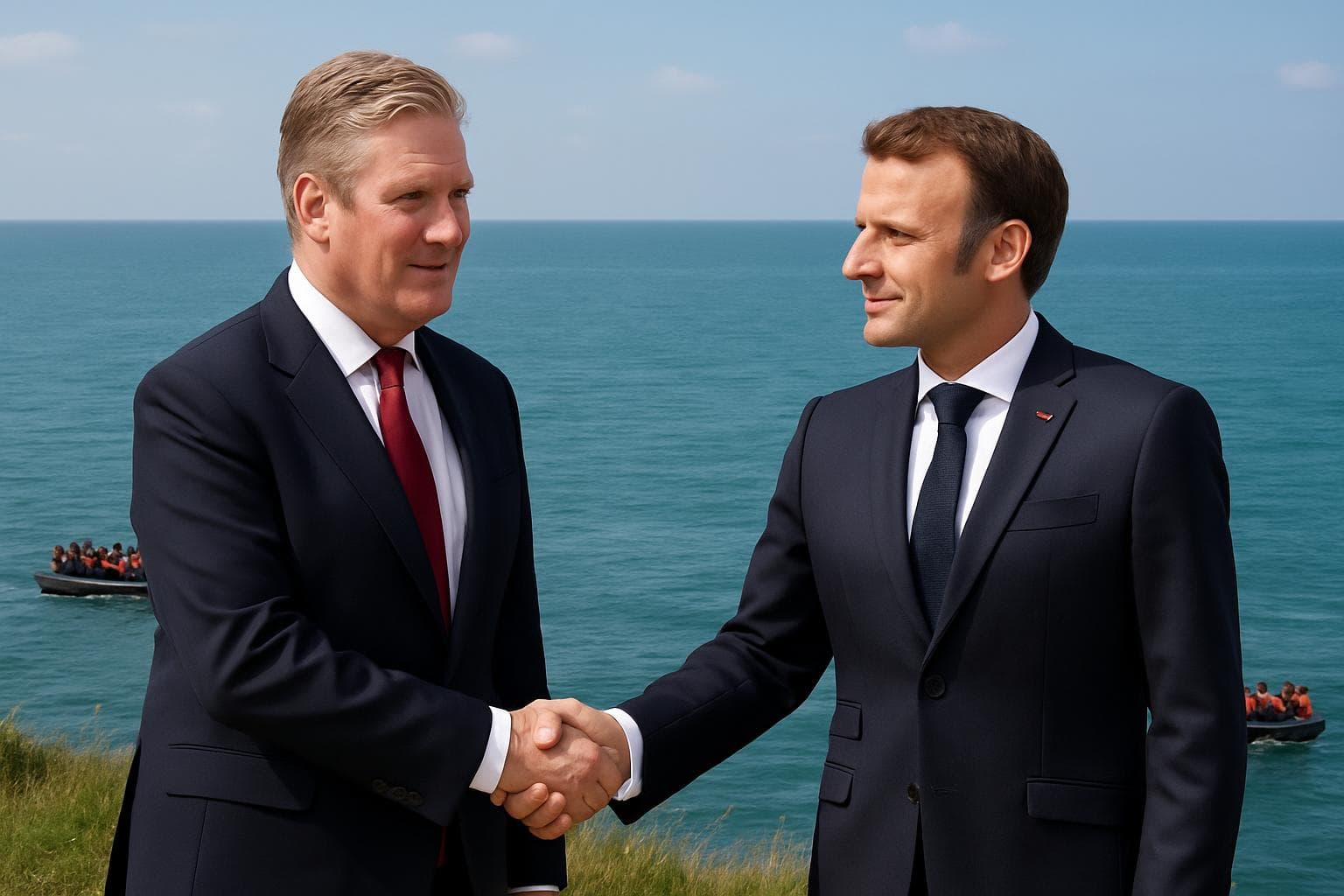 Keir Starmer and Emmanuel Macron shaking hands by the English Channel