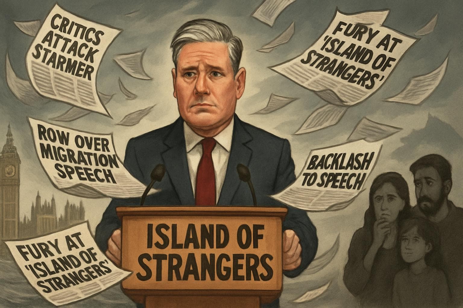 Keir Starmer at podium with newspapers and UK parliament