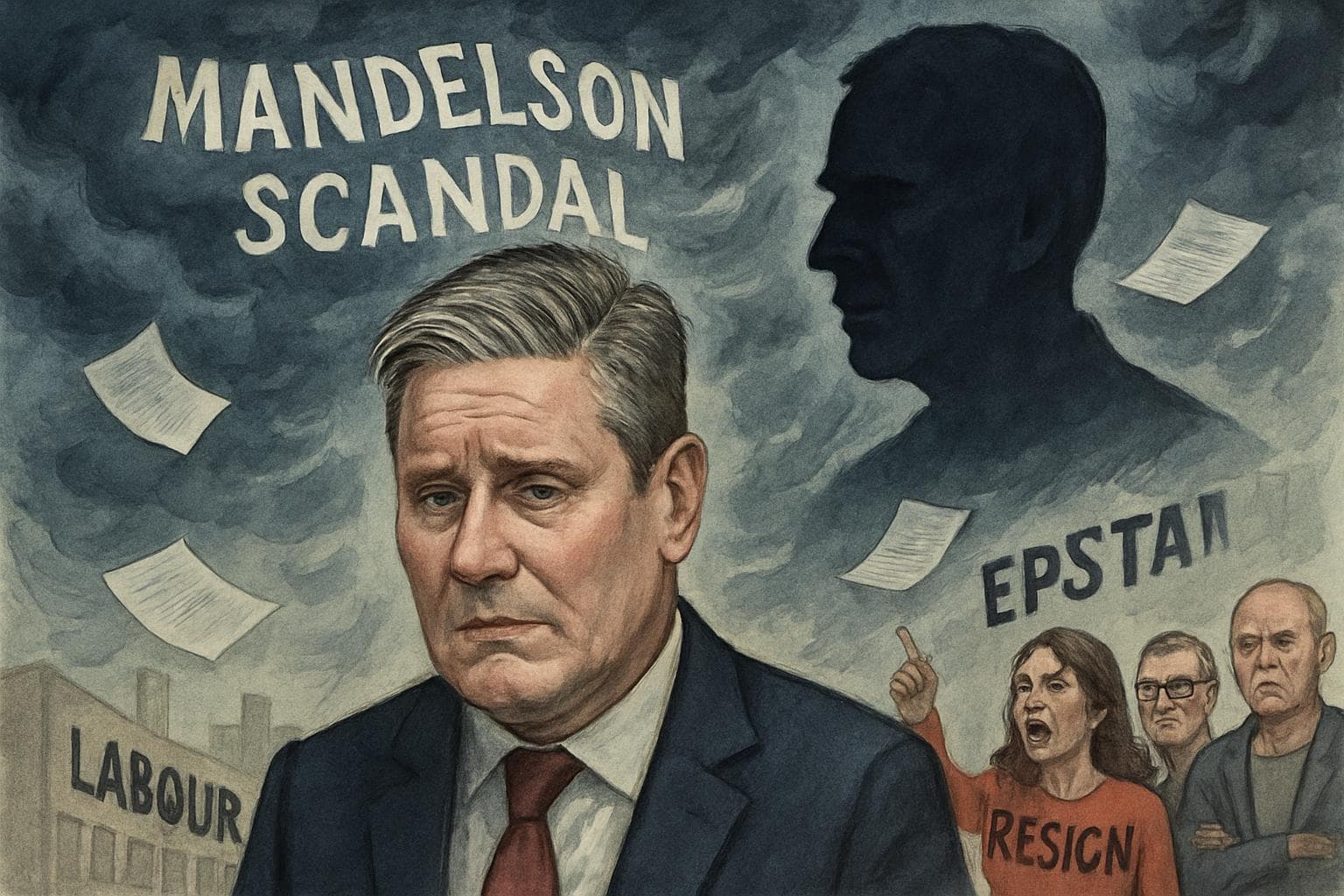 Keir Starmer under storm clouds labeled Mandelson Scandal with Epstein shadow