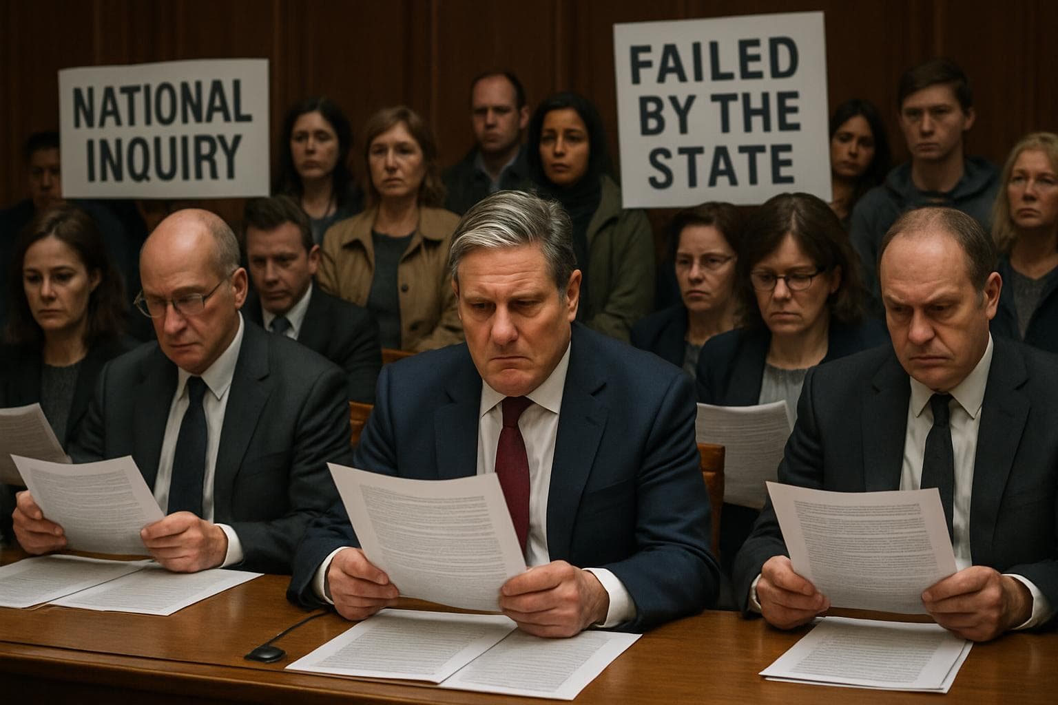 Officials including Keir Starmer reviewing reports in a meeting room