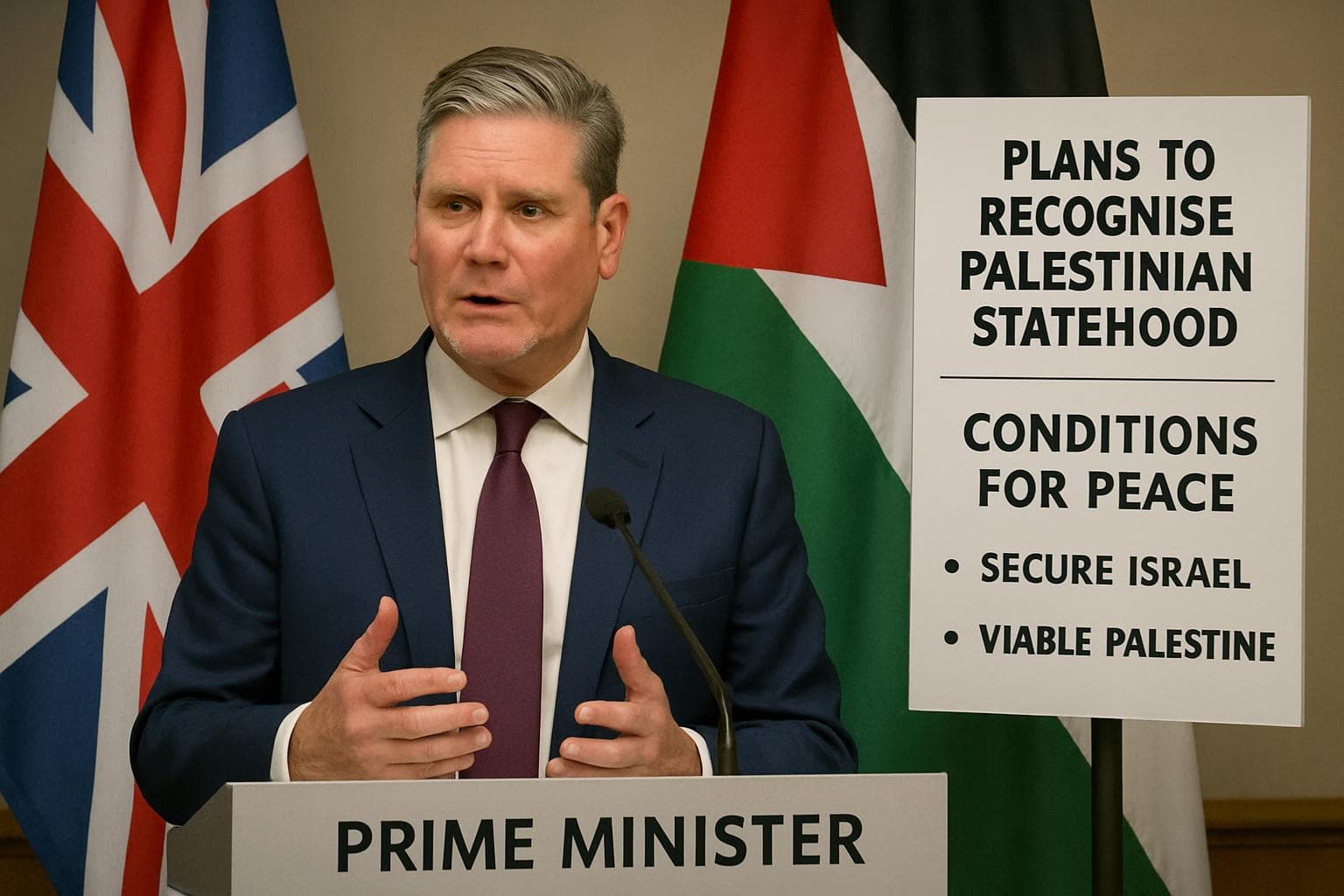 UK Prime Minister Keir Starmer with UK and Palestinian flags