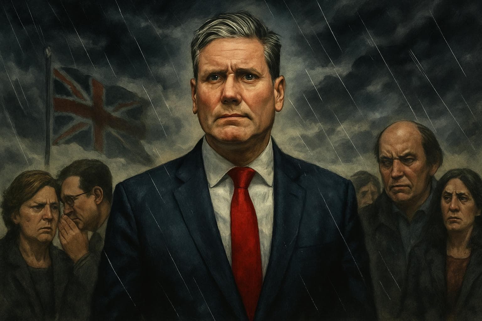Keir Starmer standing amidst political figures in a stormy setting