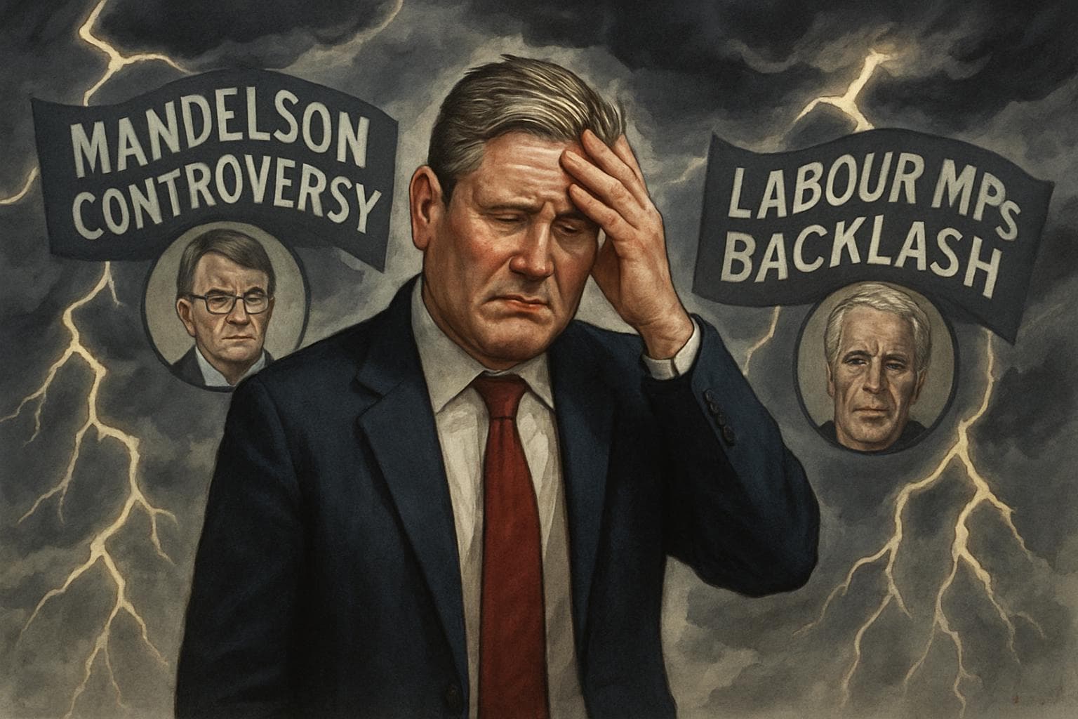 Keir Starmer looking stressed amid dark clouds