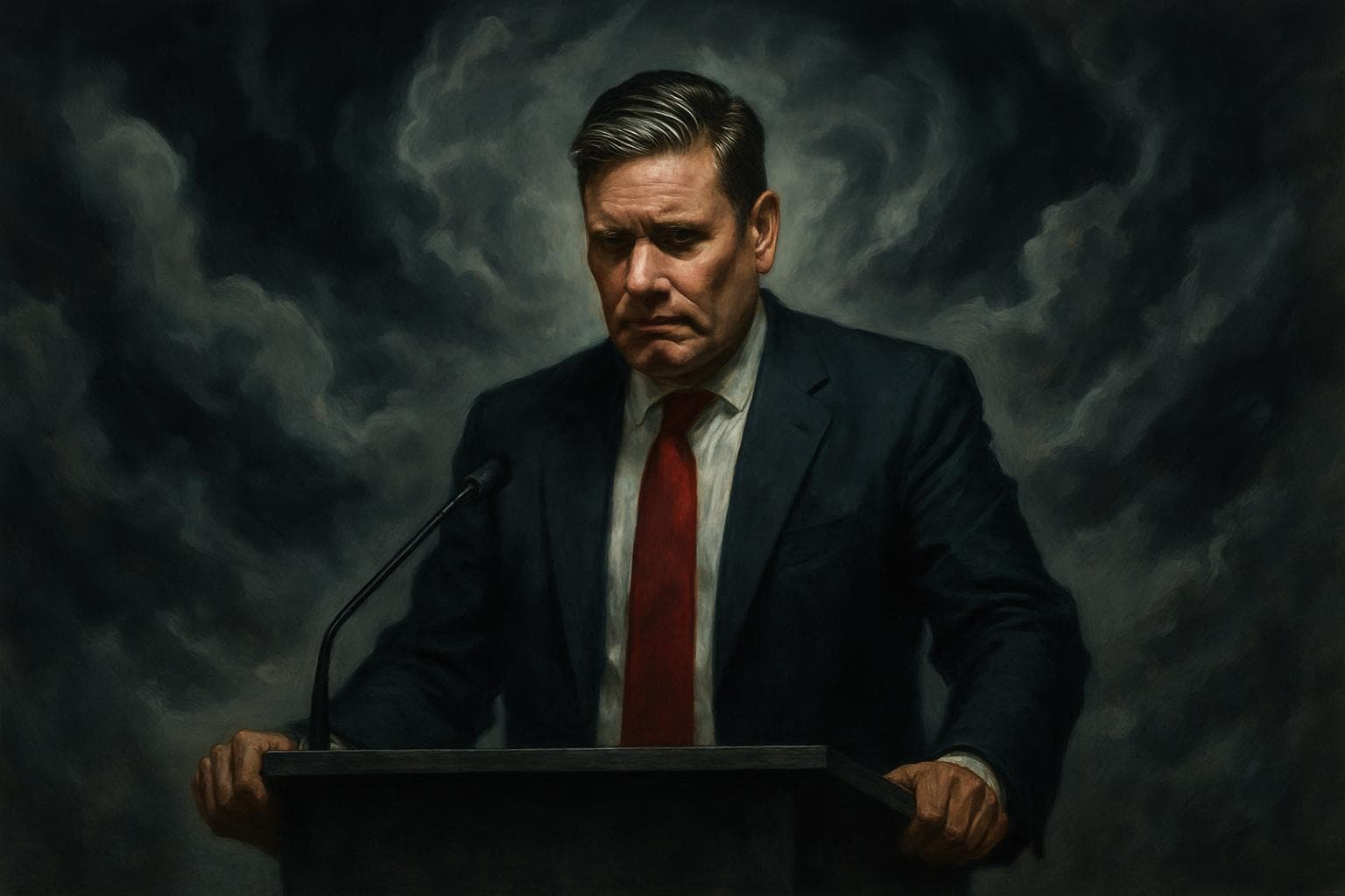 Keir Starmer at a podium with storm clouds overhead