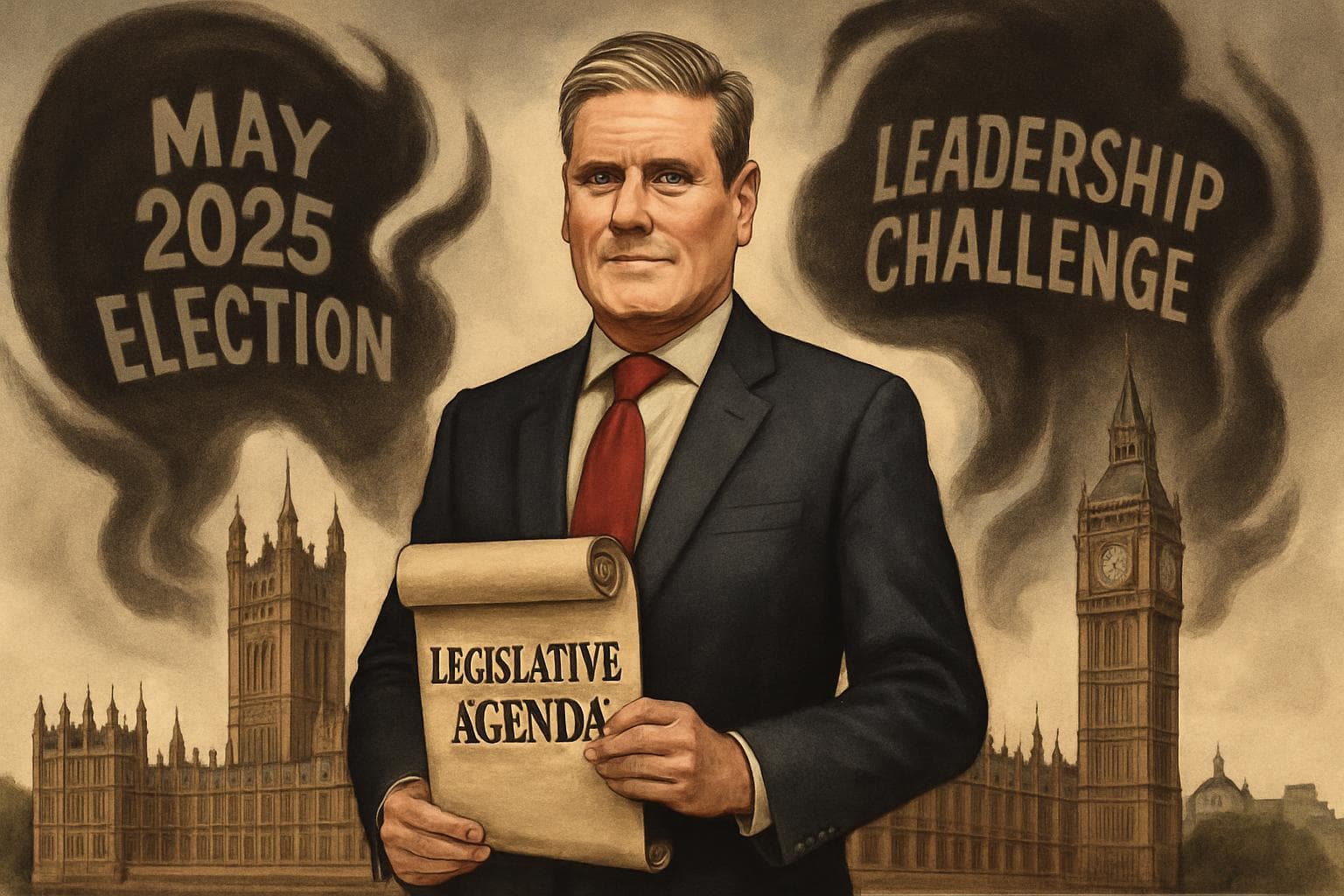Keir Starmer holding a legislative agenda scroll near UK Parliament