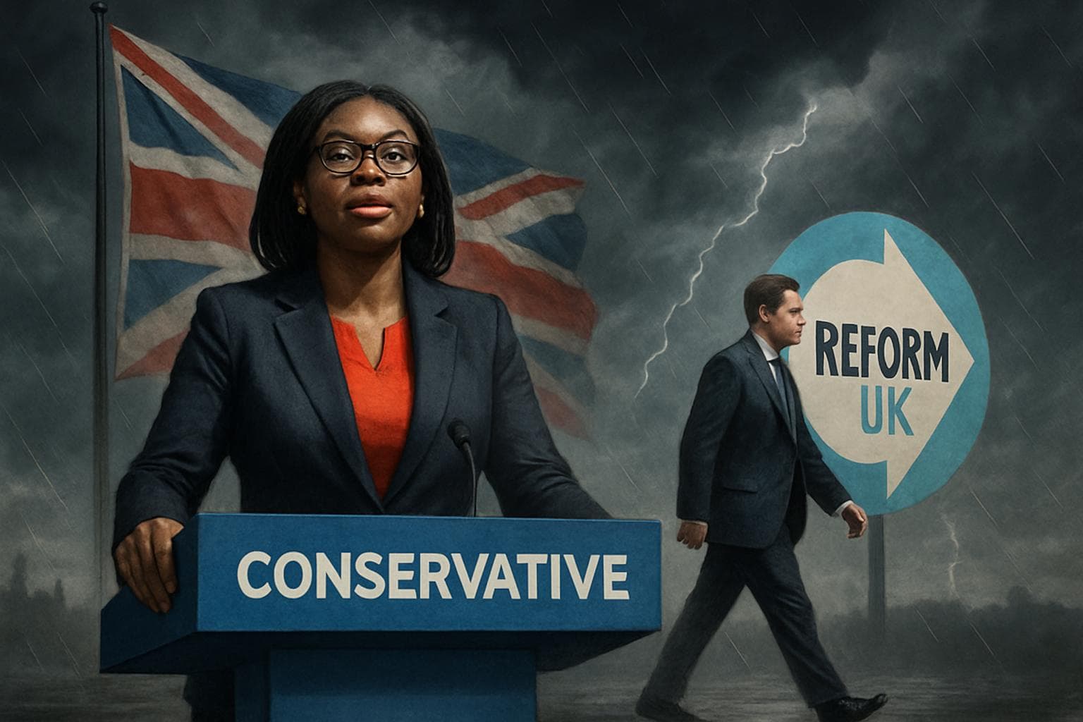 Kemi Badenoch at podium with stormy political backdrop
