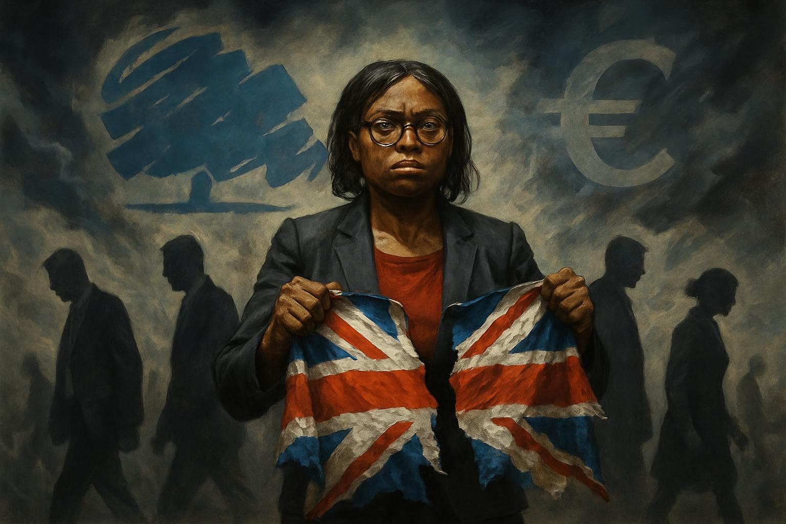Kemi Badenoch holding a torn flag amid political symbols