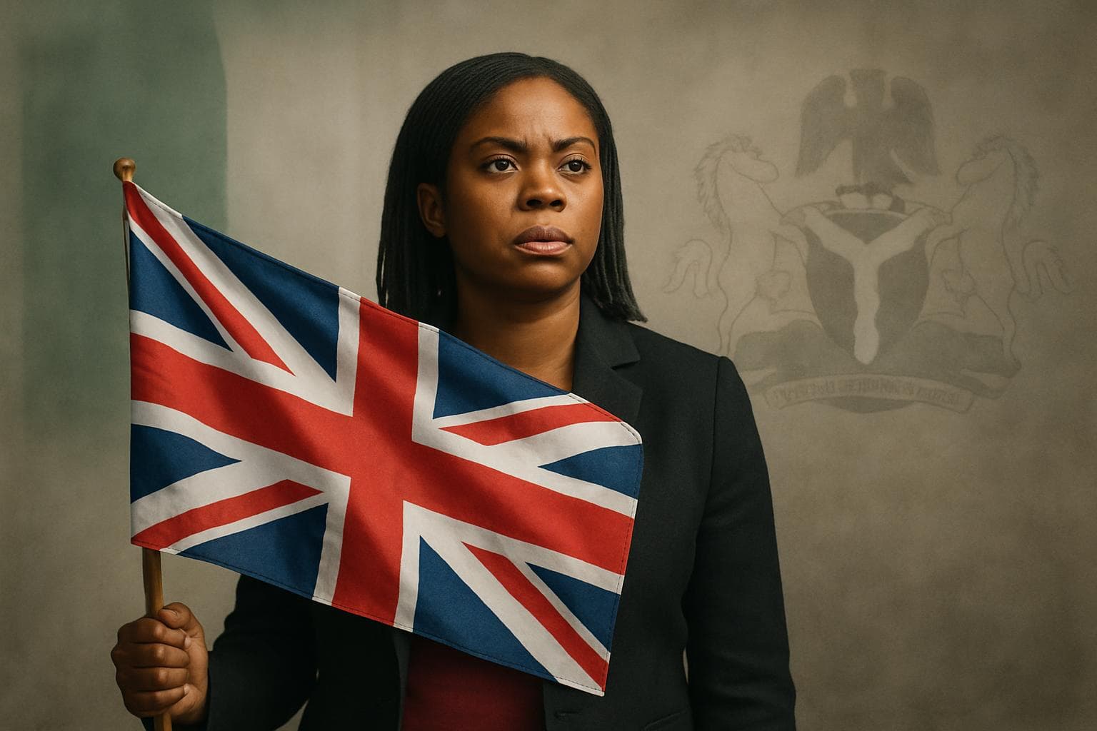 Kemi Badenoch standing with UK flag, Nigerian symbols fading
