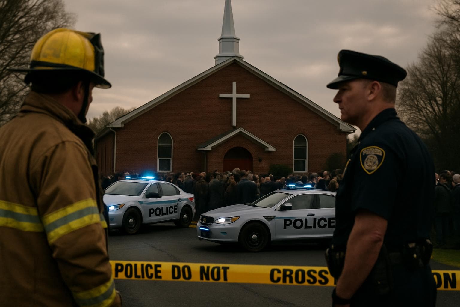 Emergency responders and police cars at a Kentucky church