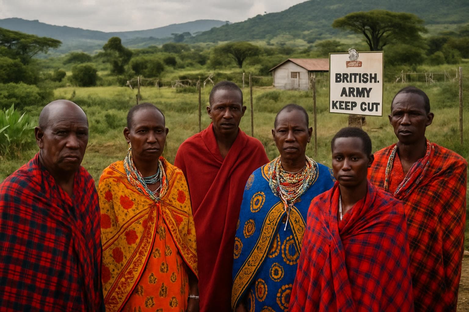 Kenyan villagers in traditional attire near British military base