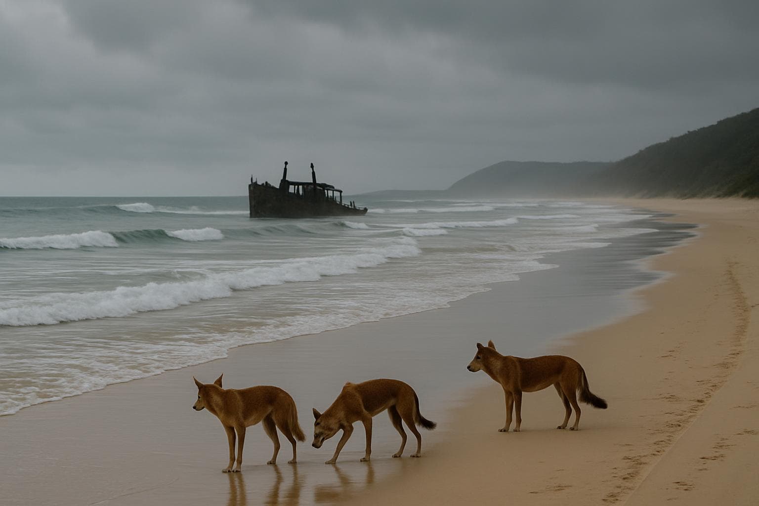 Beach on KGari Island with Maheno shipwreck and dingoes