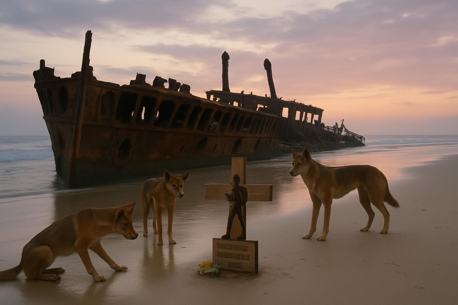 Maheno shipwreck at dawn with dingoes on KGari Island