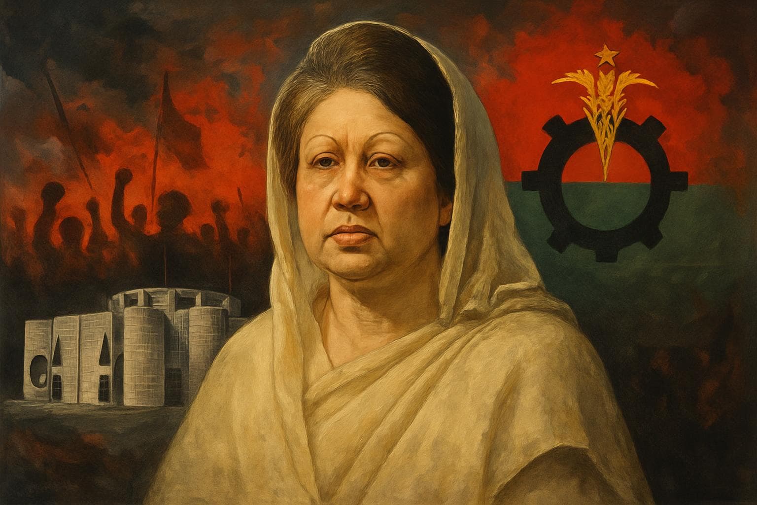 Portrait of Khaleda Zia with political symbols in background