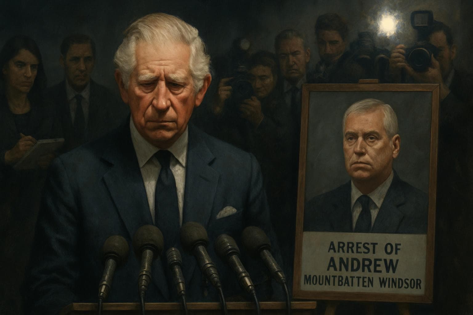 King Charles III at a press conference with journalists