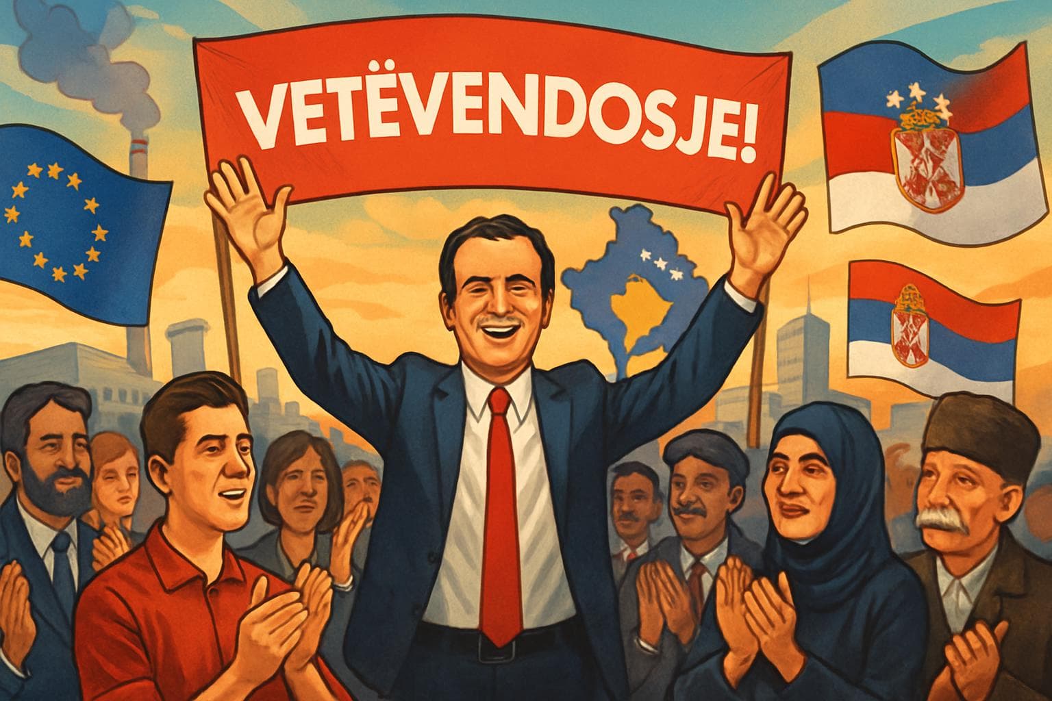 Albin Kurti celebrating with Vetevendosje party supporters