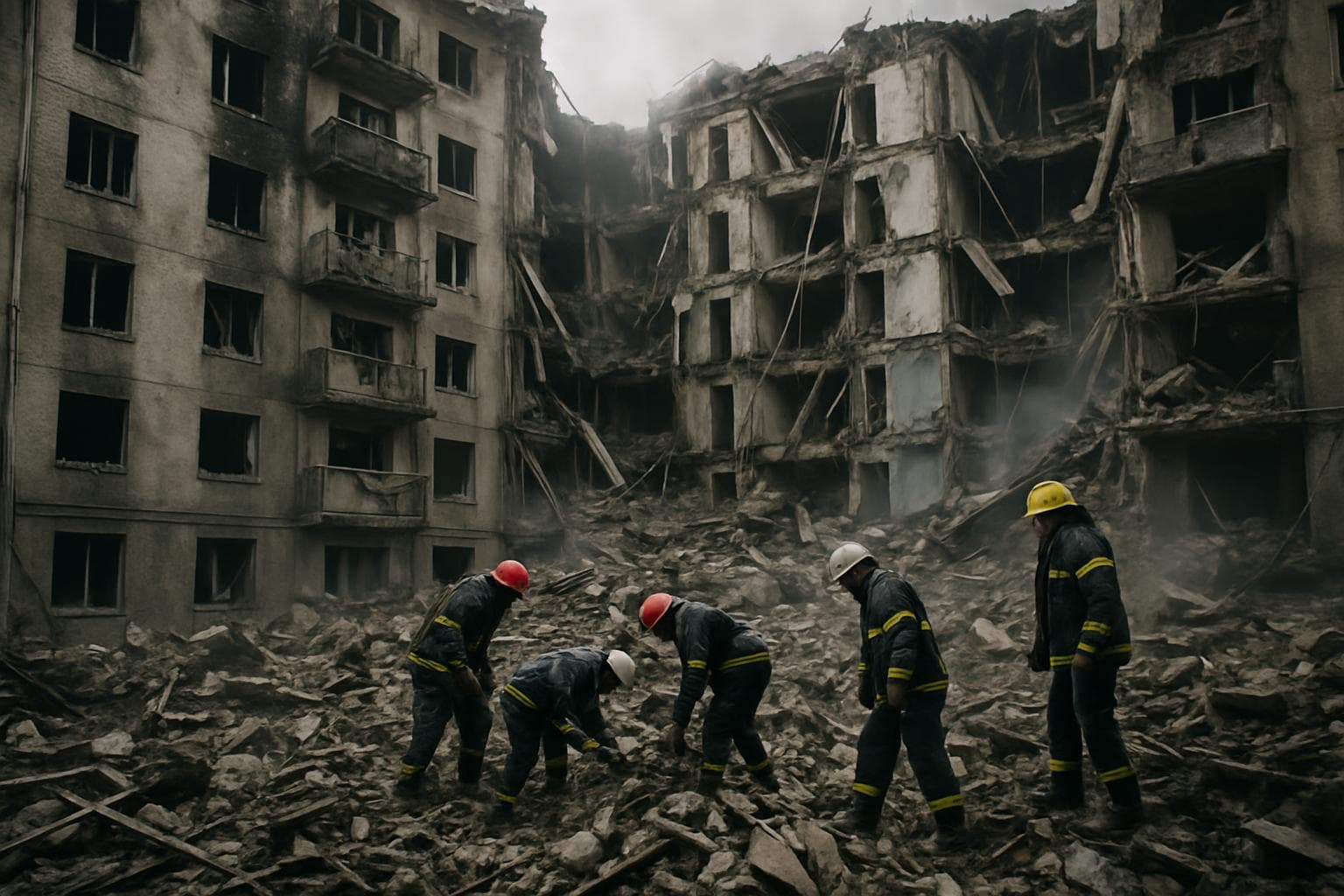 Rescue workers searching rubble of Kyiv apartment block