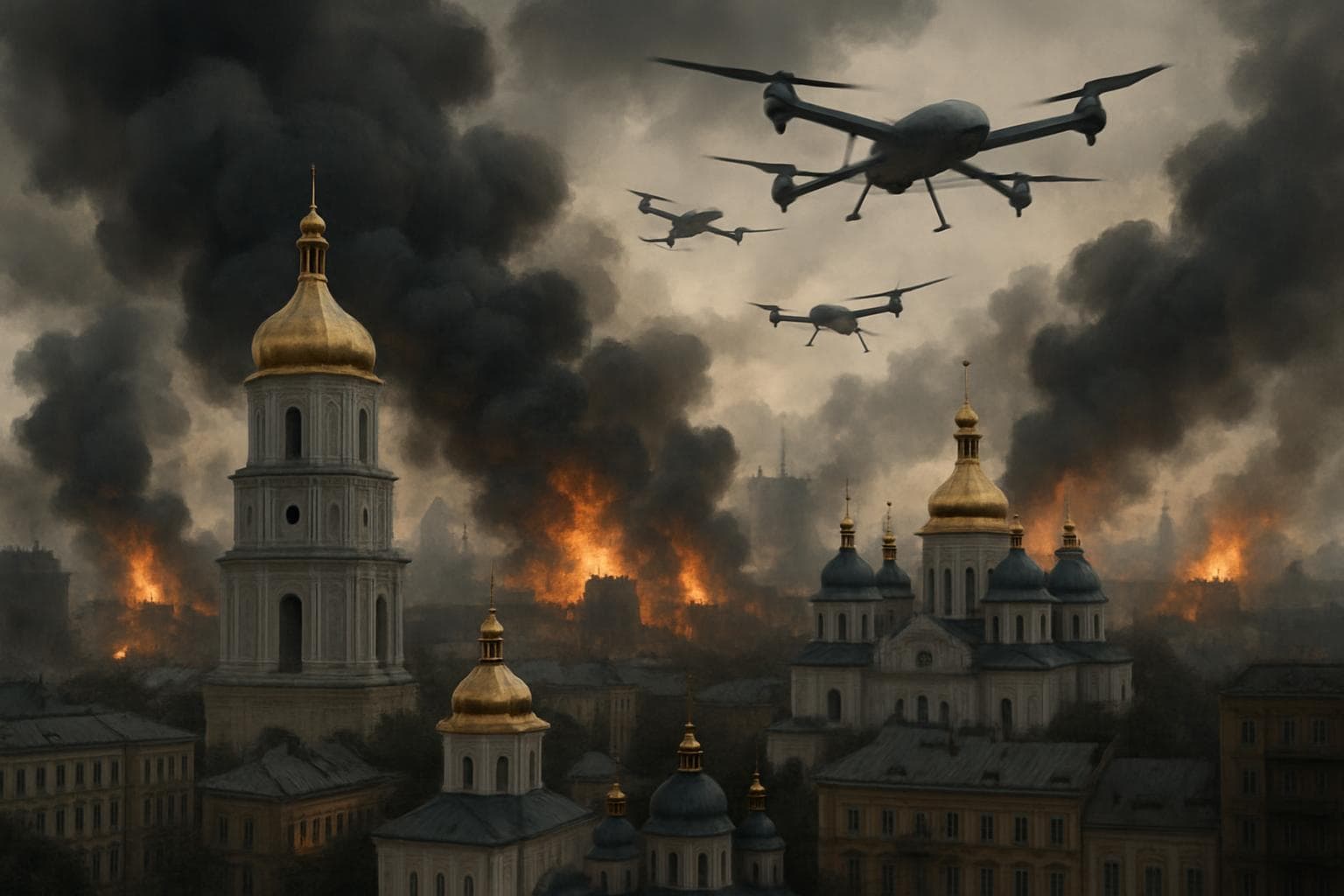 Kyiv cityscape with smoke, fire, and drones overhead