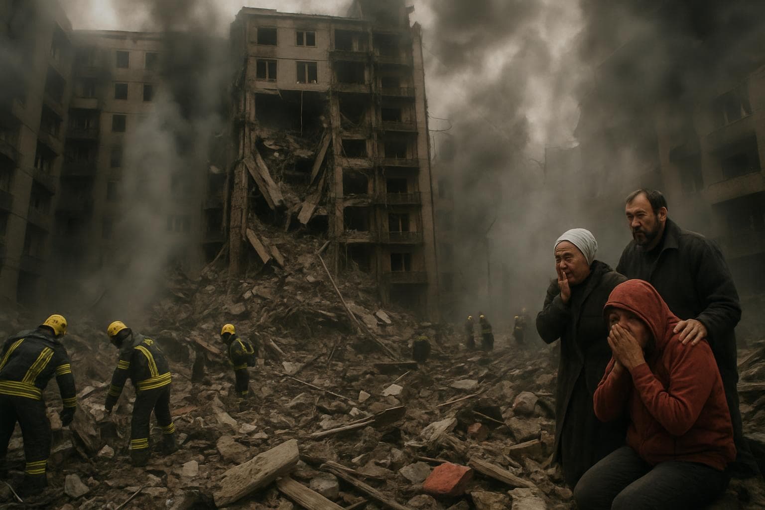 Collapsed building in Kyiv with rescue workers and residents
