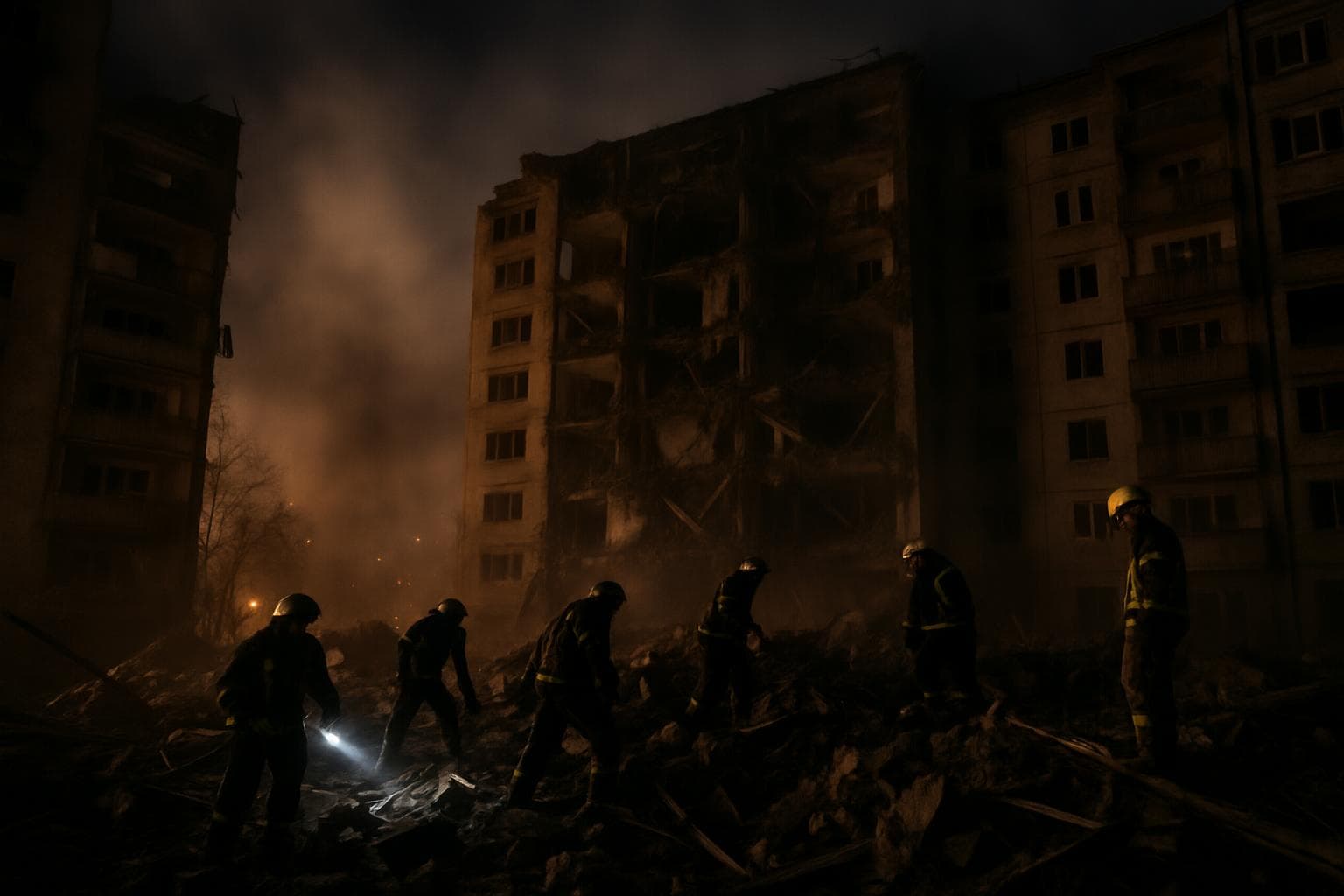 Emergency workers sift through rubble in Kyiv at night