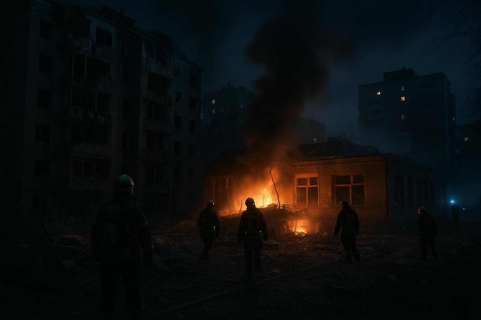 Damaged buildings and smoldering kindergarten in Kyiv at night