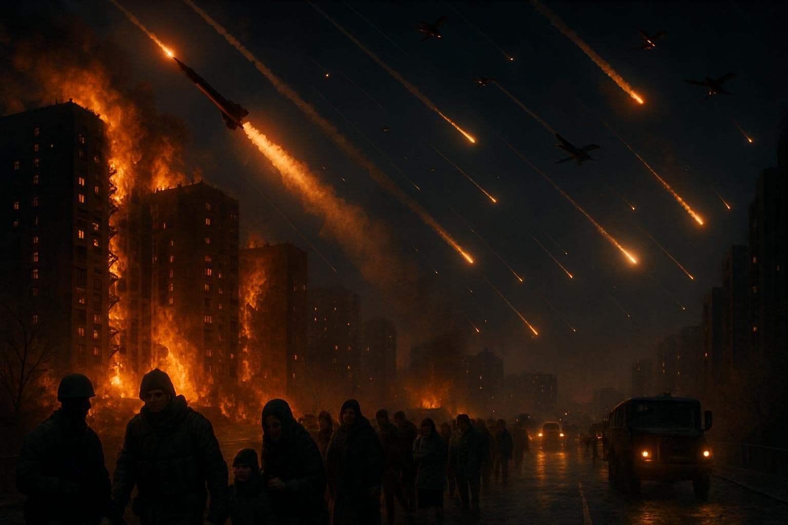 Kyiv night scene with burning buildings and evacuations