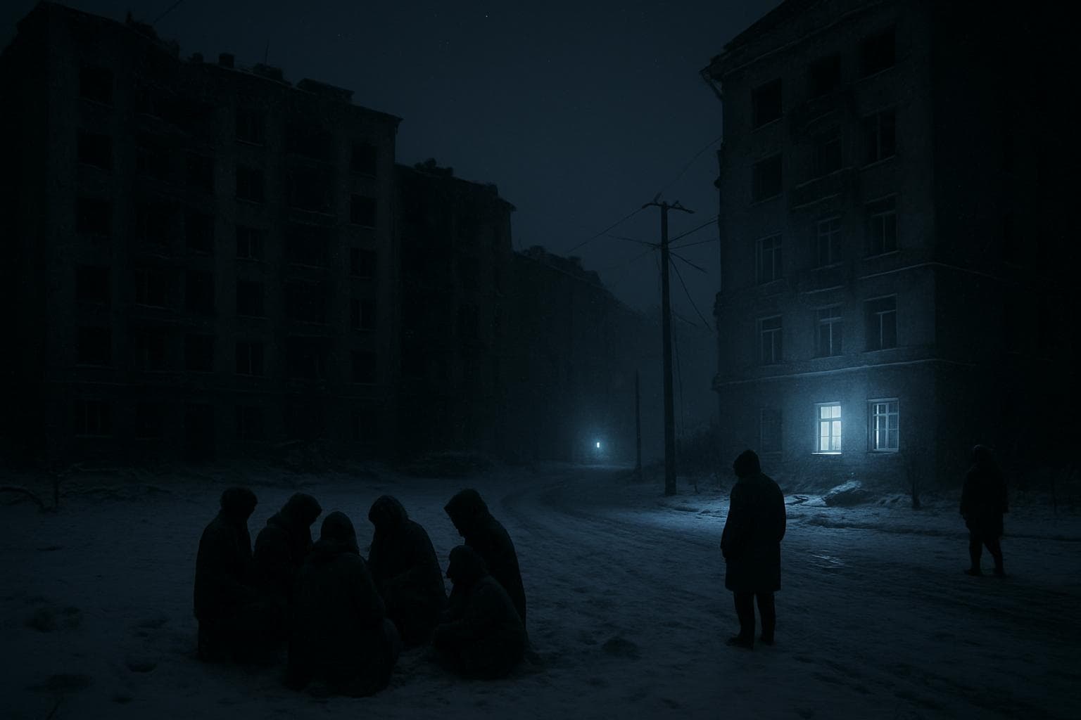 Snow-covered Kyiv at night with emergency lights