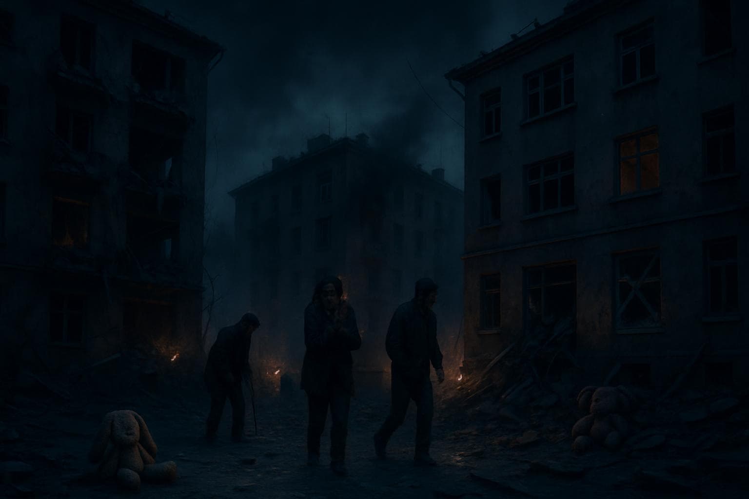 Kyiv nighttime scene with damaged buildings and debris