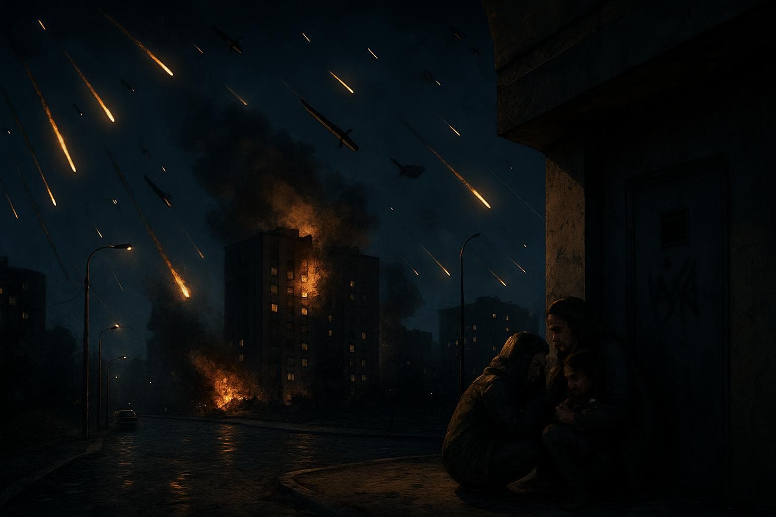 Kyiv nighttime scene with missiles and drones in the sky