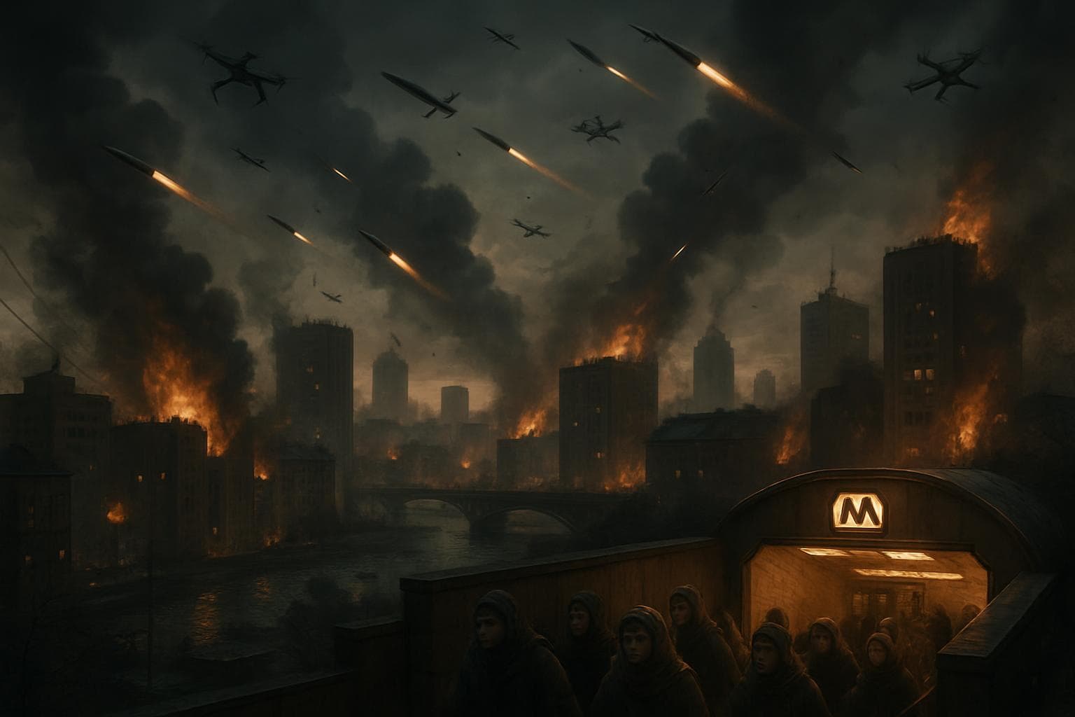 Kyiv skyline with drones and missiles during airstrikes